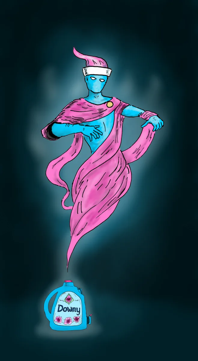 Blue-skinned genie in a pink robe and white headband rising in smoke from a Downy fabric softener bottle