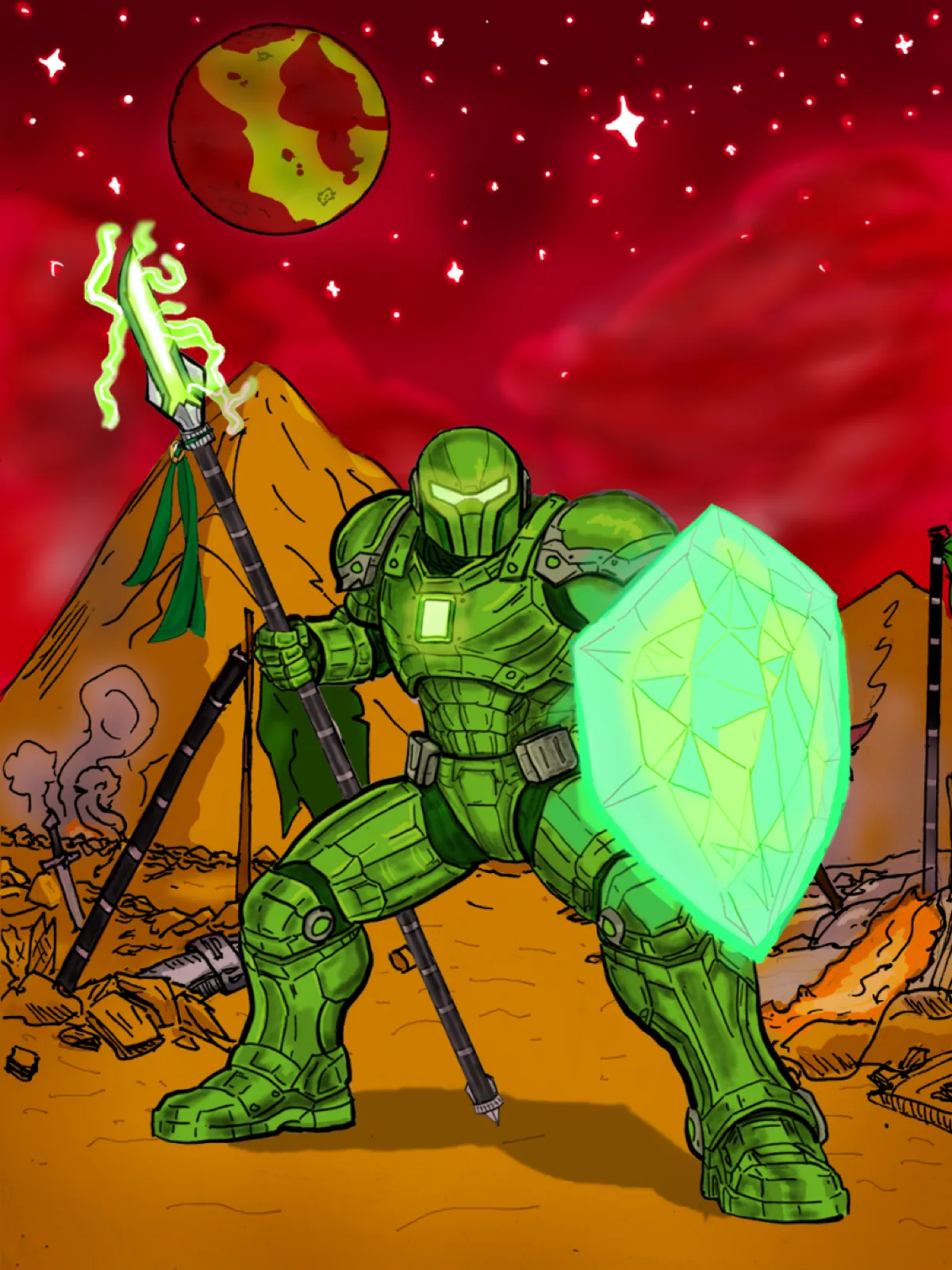 Green-armored guardian standing on a battlefield with campfire ruins under a red night sky and a nearby planet