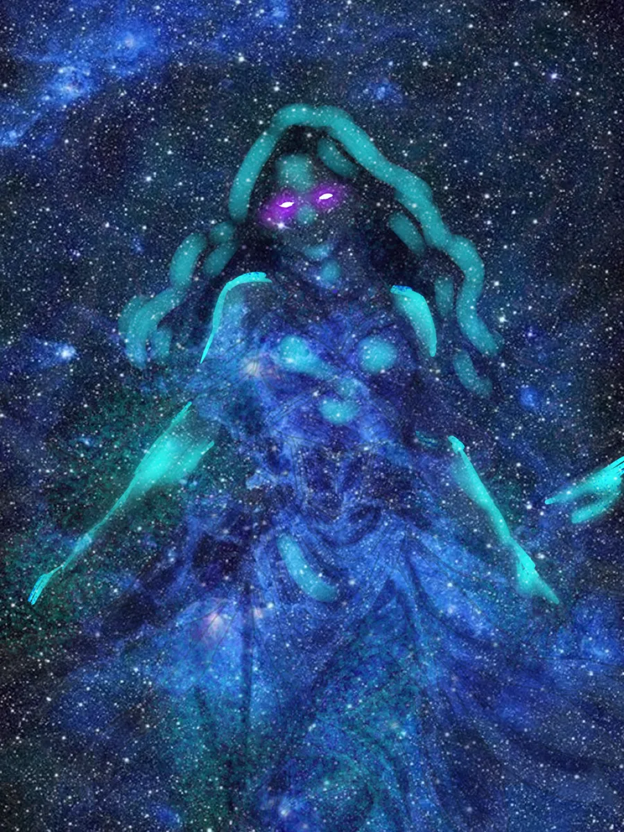 Glowing blue ghostly figure with purple eyes standing against a starfield, J-Dollar comic issue 1 cover art
