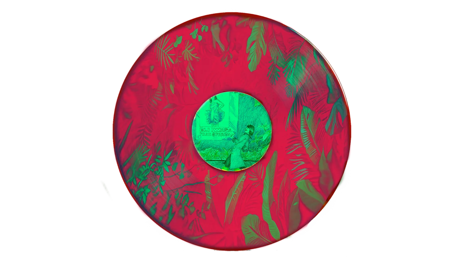 Red vinyl record with a jungle-leaf pattern, center label reading Eli Iwasa featuring $parrow