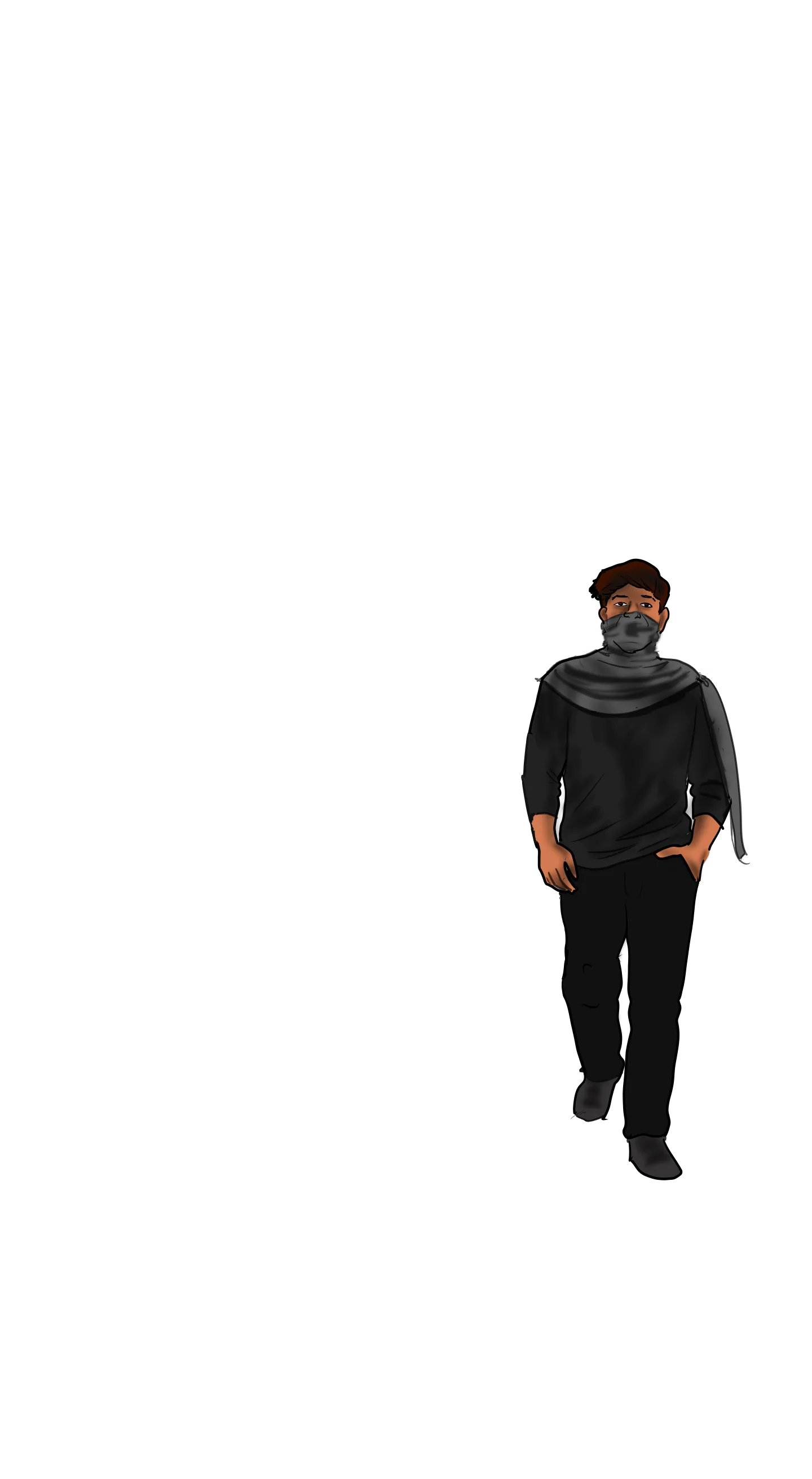 Illustrated figure in a dark scarf mask and all-black outfit walking with hands in pockets