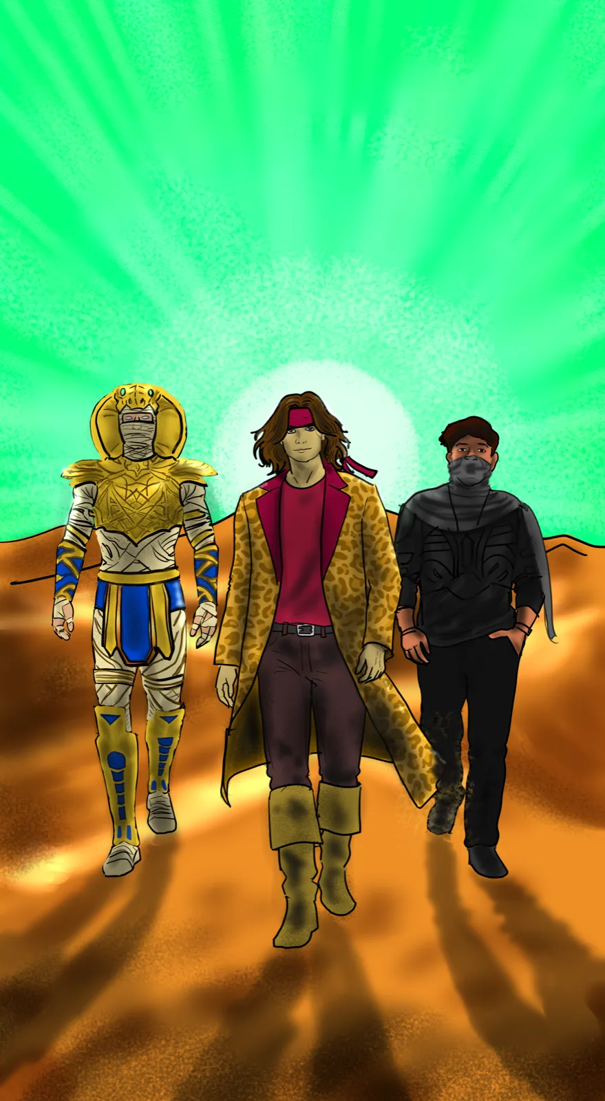 Three characters walking across a desert dune under a glowing green sky: a gold-armored figure, a man in a leopard-print coat, and a man in a dark scarf