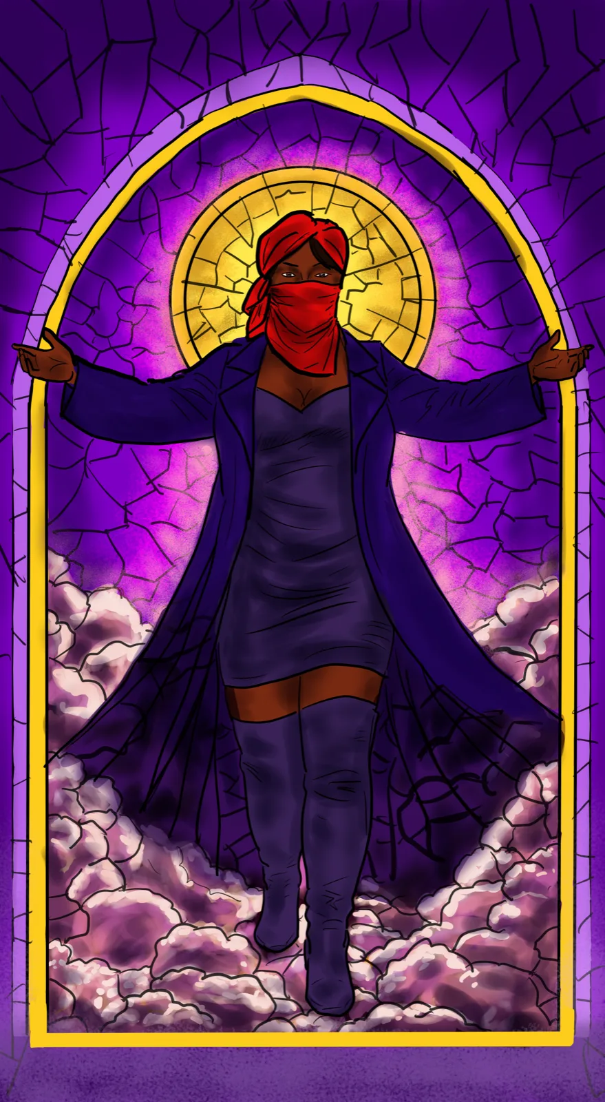 A masked figure in a red bandana and purple coat standing in a glowing stained-glass archway with arms outstretched