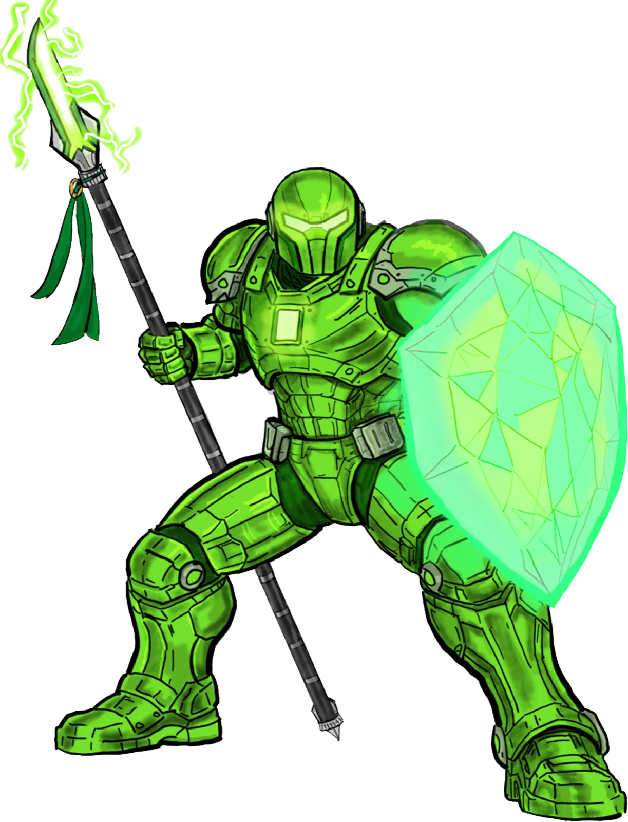 Green armored figure crouched in a battle stance, holding an electrified spear and a translucent crystal shield